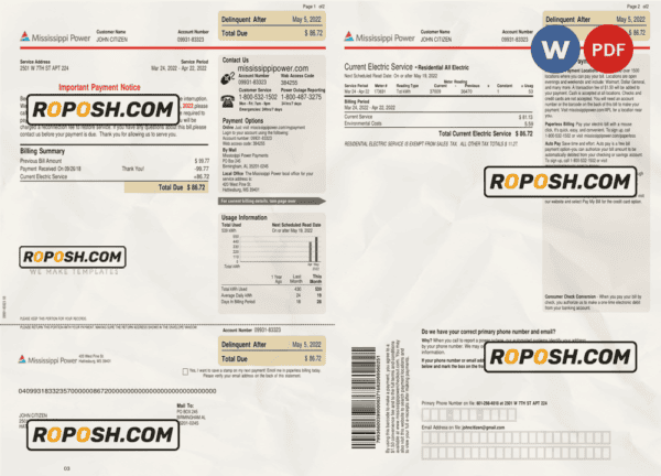 USA Mississippi Power utility bill, Word and PDF template, 2 pages