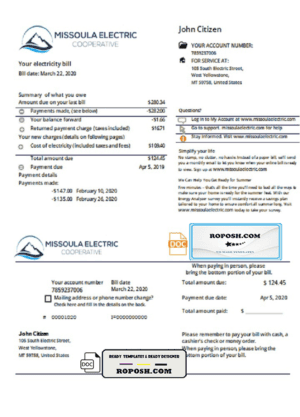 USA Montana Missoula Electric Cooperative electricity utility bill template in Word and PDF format