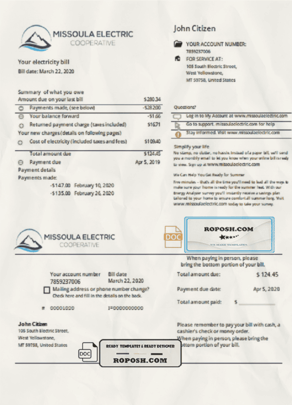 USA Montana Missoula Electric Cooperative electricity utility bill template in Word and PDF format