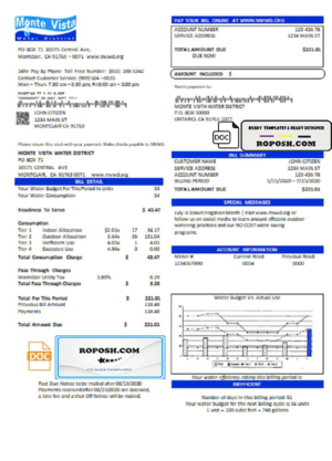 USA California Monte Vista Water District utility bill template in Word and PDF format