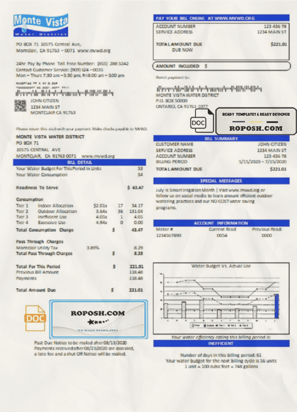USA California Monte Vista Water District utility bill template in Word and PDF format