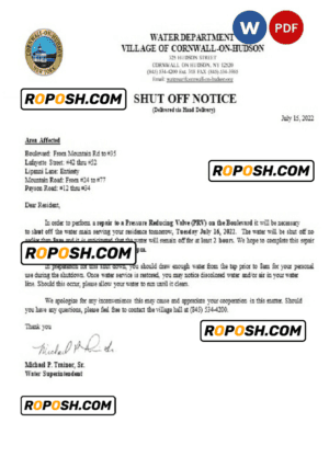 USA New York Cornwall-on-Hudson water utility bill shutoff notice, Word and PDF template
