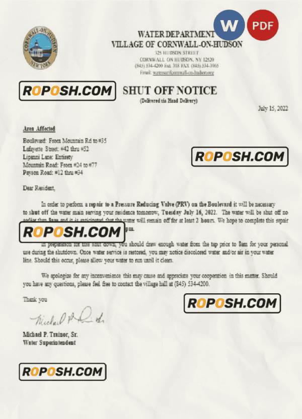 USA New York Cornwall-on-Hudson water utility bill shutoff notice, Word and PDF template