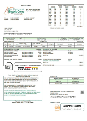USA New Hampshire Electric Co-op electricity utility bill template in Word and PDF format