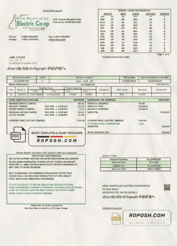 USA New Hampshire Electric Co-op electricity utility bill template in Word and PDF format