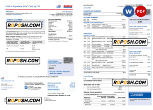 USA Costco Anywhere Visa Card by Citi bank statement, Word and PDF template, 4 pages