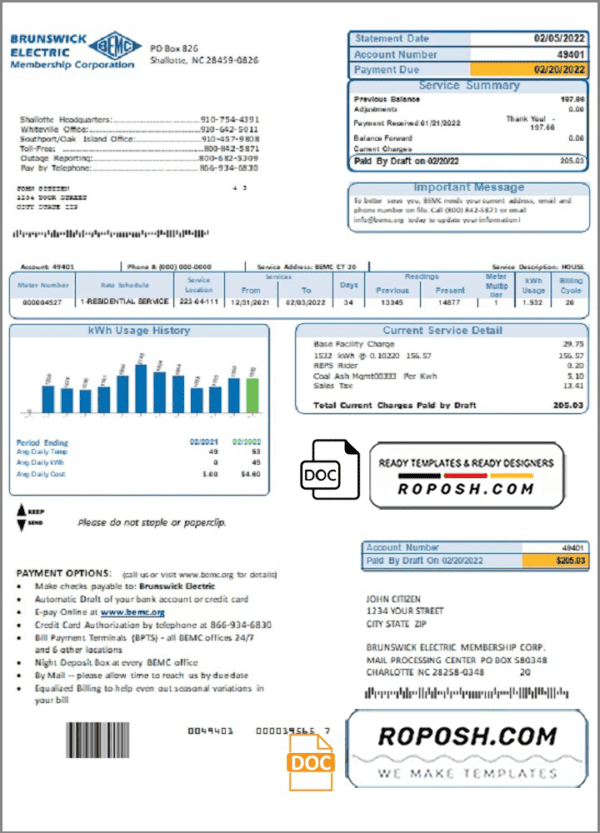 USA North Carolina Brunswick Electric utility bill template in Word and PDF format