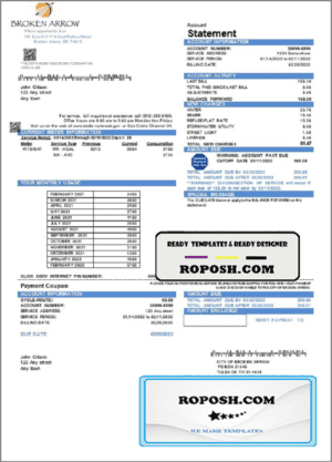 USA Oklahoma City of Broken Arrow utility bill template in Word and PDF format