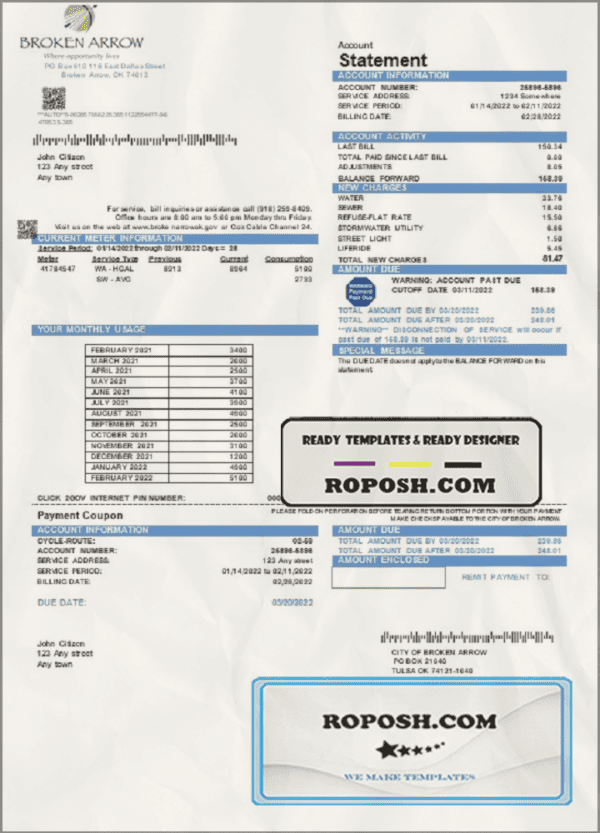 USA Oklahoma City of Broken Arrow utility bill template in Word and PDF format