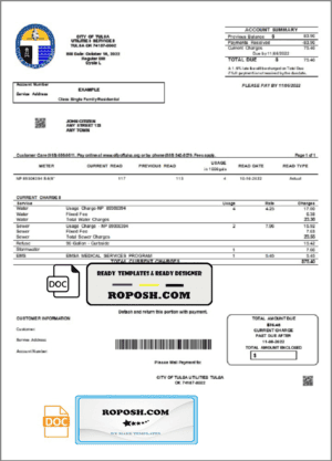 USA Oklahoma City of Tulsa utility bill template in Word and PDF format