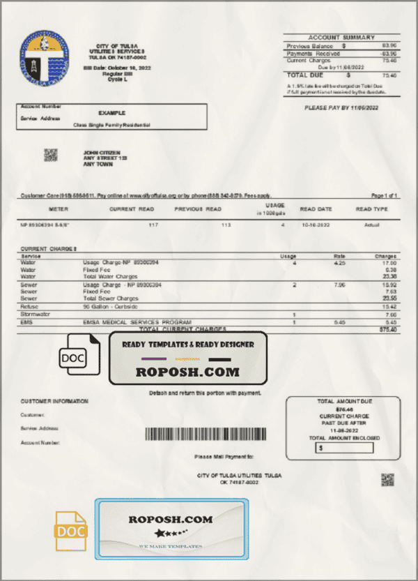 USA Oklahoma City of Tulsa utility bill template in Word and PDF format