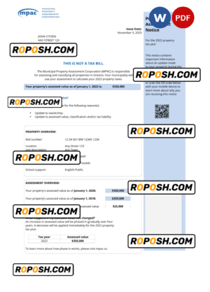 USA Ontario MPAC utility bill, Word and PDF template