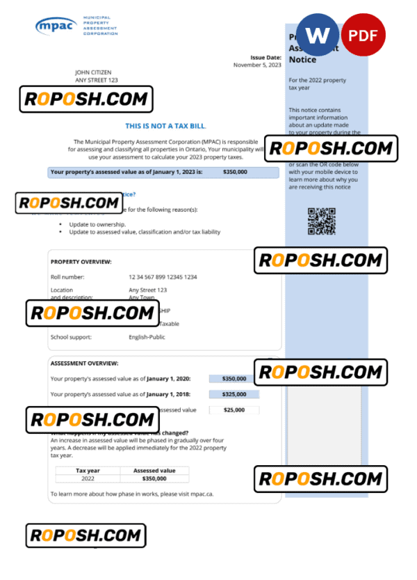USA Ontario MPAC utility bill, Word and PDF template