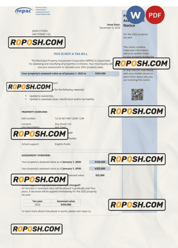 USA Ontario MPAC utility bill, Word and PDF template