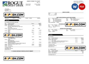 USA Oregon Rogue bank statement, Word and PDF template, 3 pages