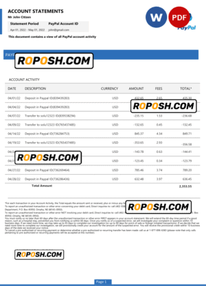 USA PayPal account statement Word and PDF template