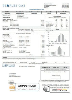 USA Illinois Peoples Gas utility bill template in Word and PDF format