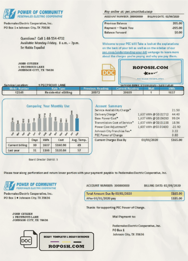 USA Texas Power of Community electricity utility bill in Word and PDF format, good for address prove