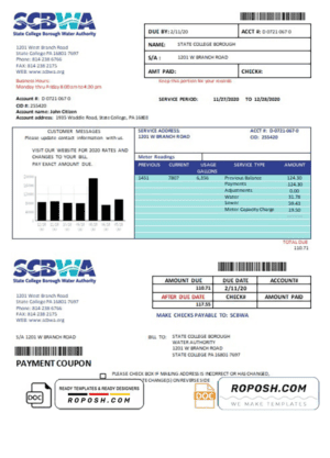 USA Pennsylvania SCBWA water utility bill template in Word and PDF format