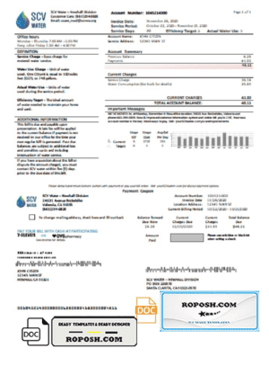 USA California Santa Clarita SCV Water utility bill template in Word and PDF format