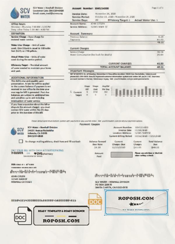 USA California Santa Clarita SCV Water utility bill template in Word and PDF format