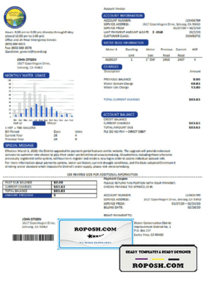 USA California Santa Ynez water utility bill template in Word and PDF format