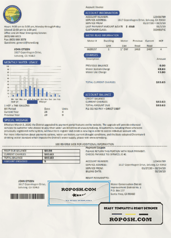 USA California Santa Ynez water utility bill template in Word and PDF format