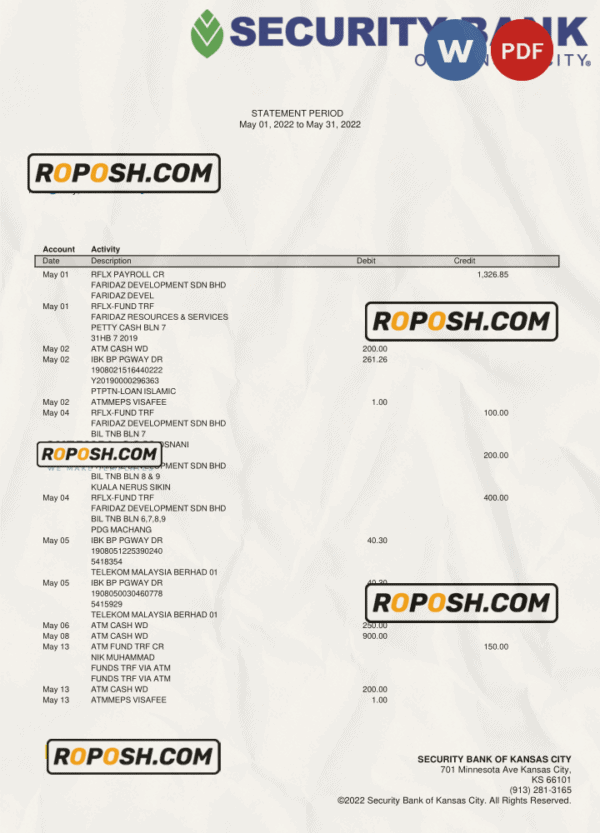 USA Massachusetts Rockland Trust bank statement Word and PDF template
