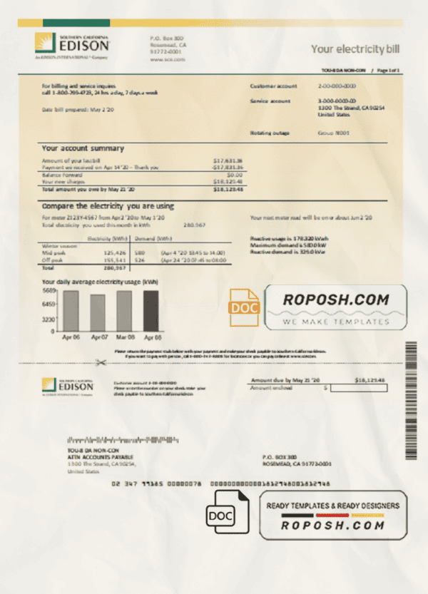 USA Southern California Edison utility bill template in Word and PDF format
