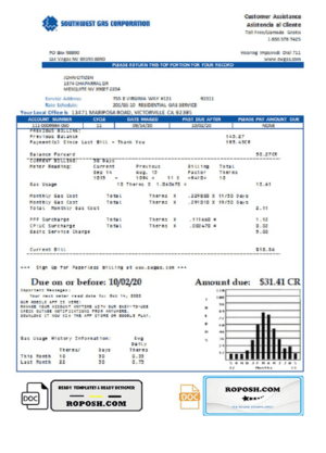 USA Nevada Southwest gas Corporation utility bill template in Word and PDF format