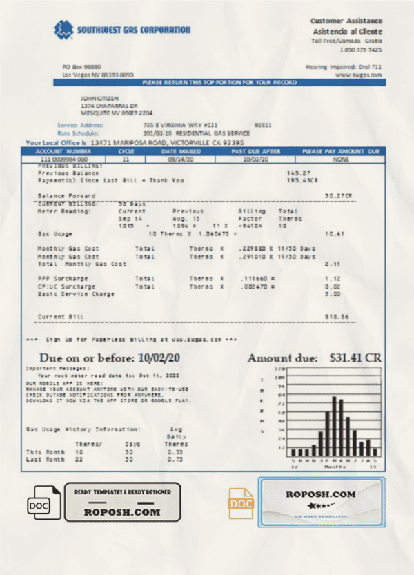 USA Nevada Southwest gas Corporation utility bill template in Word and PDF format