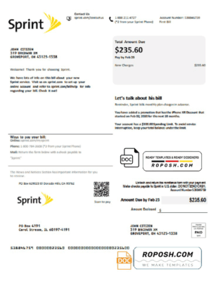 USA Sprint (T-Mobile) utility bill template in Word and PDF format