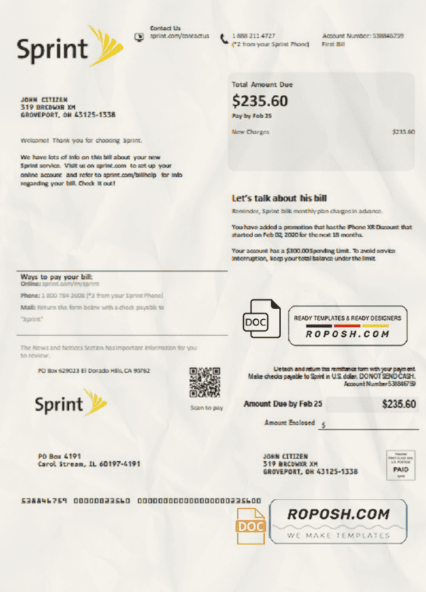 USA Sprint (T-Mobile) utility bill template in Word and PDF format