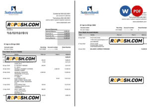 USA Sutton bank statement Word and PDF template, 2 pages