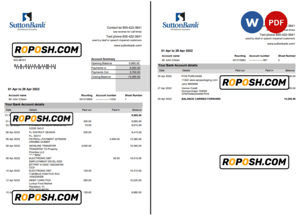 USA Sutton bank statement Word and PDF template, 2 pages