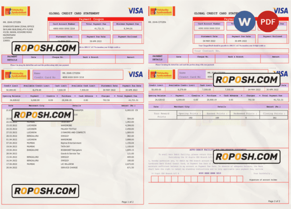 USA Syndicate bank credit card statement, Word and PDF template, 3 pages