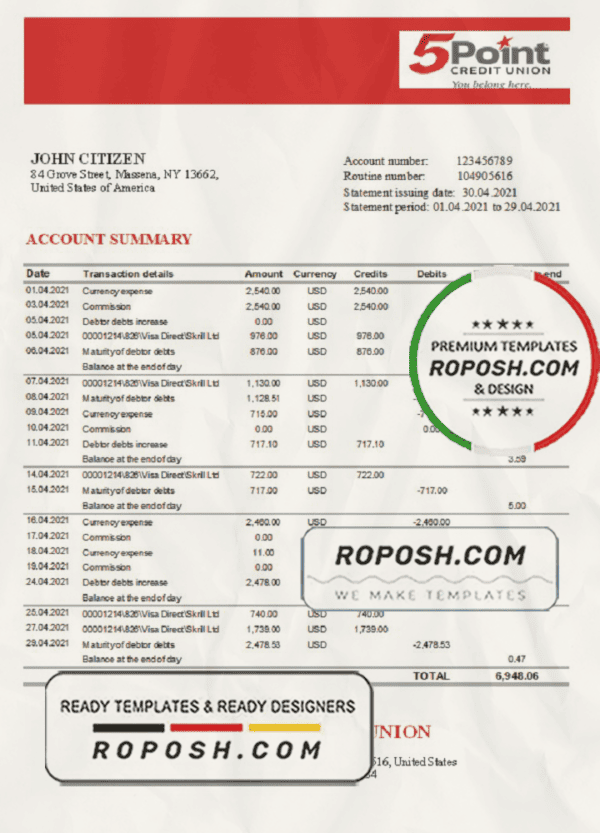USA Texas 5Point bank statement template in Excel and PDF format