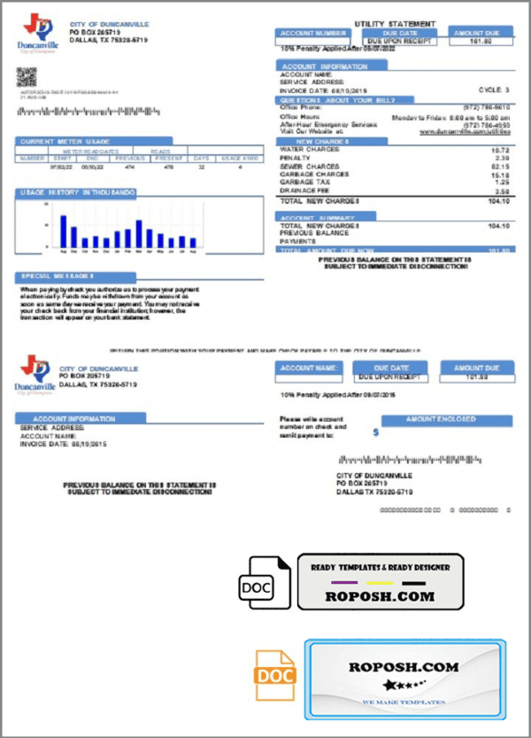 USA Texas City of Duncanville utility bill template in Word and PDF format