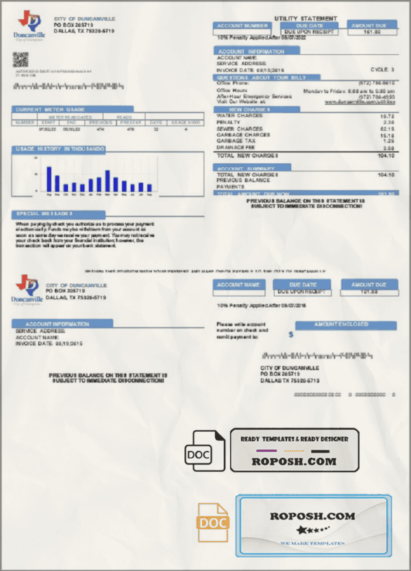 USA Texas City of Duncanville utility bill template in Word and PDF format