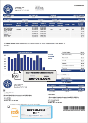 USA Texas City of Sugar Land utility bill template in Word and PDF format