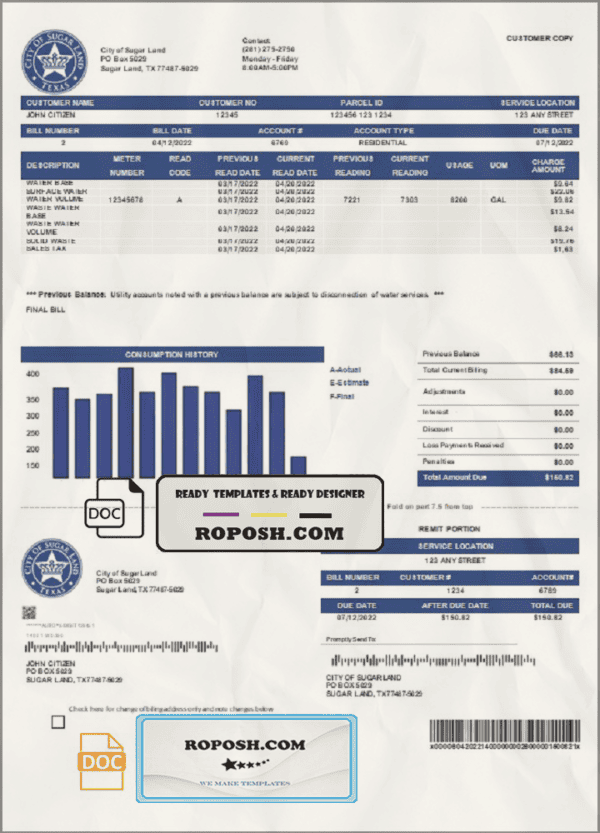 USA Texas City of Sugar Land utility bill template in Word and PDF format