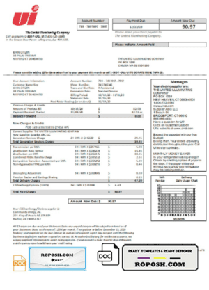 USA Connecticut The United Illuminating Company electricity utility bill template in Word and PDF format