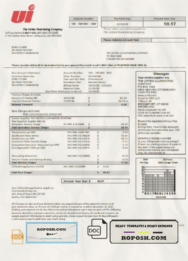 USA Connecticut The United Illuminating Company electricity utility bill template in Word and PDF format scan effect