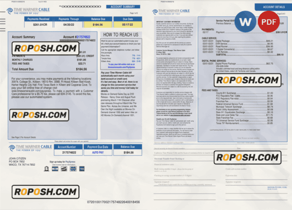 USA Time Warner Cabel utility bill, Word and PDF template, 3 pages