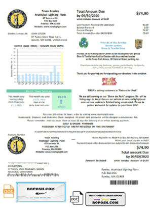 USA Massachusetts Town of Rowley Municipal Lighting Plant electricity utility bill template in Word and PDF format