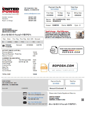 USA Colorado United Power utility bill template in Word and PDF format