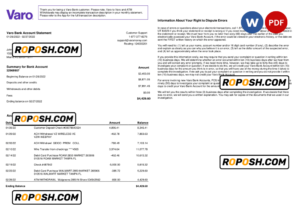 USA Varo bank statement, Word and PDF template, 2 pages, version 2
