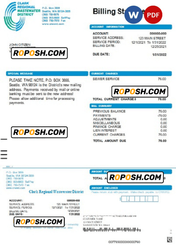 USA Washington Clark Regional Wastewater District utility bill, Word and PDF template