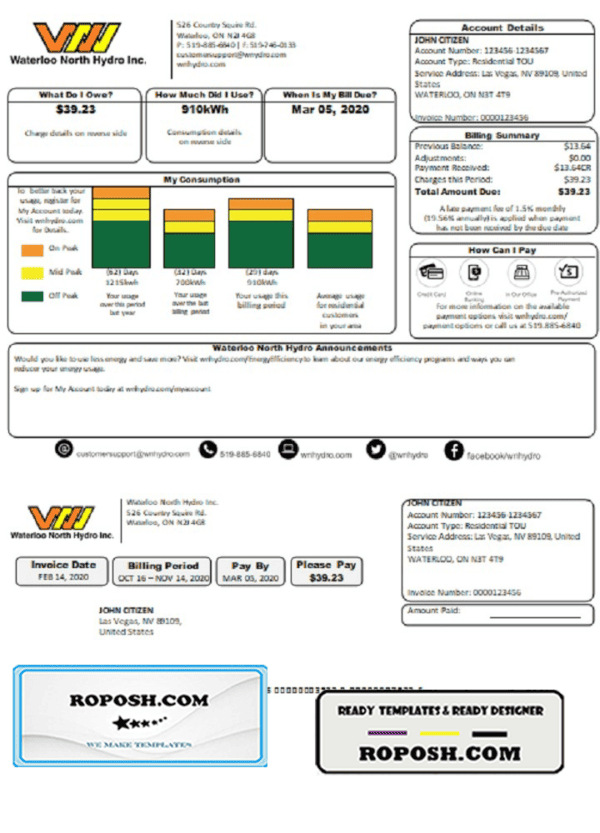 USA Nevada Waterloo North Hydro utility bill template in Word and PDF format (version 2)