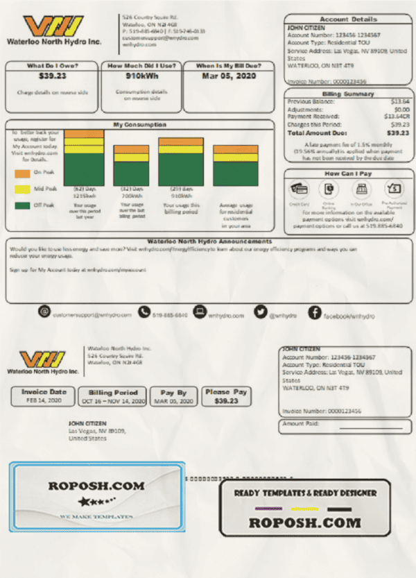 USA Nevada Waterloo North Hydro utility bill template in Word and PDF format (version 2)